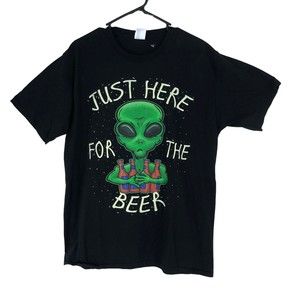 Just Here for the Beer Black Light Glow in the Dark T-Shirt; Alien & Beer SZ L
